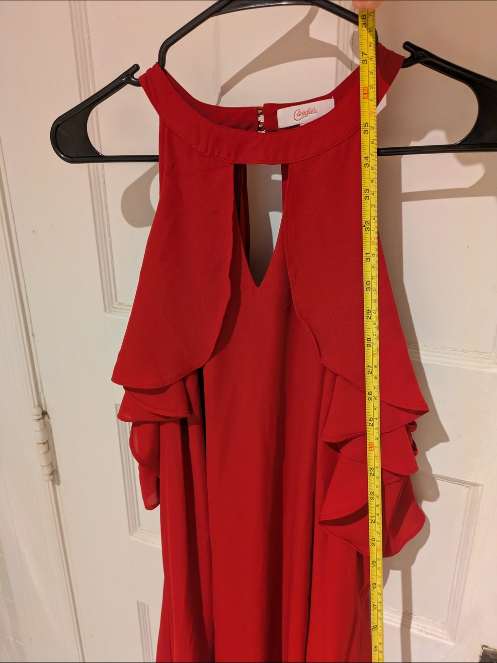 Candie's Red Cold-Shoulder Ruffle Mini Dress - Picture 3 of 6